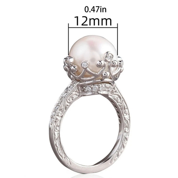 🔥Fleur de Lys Crown 12MM Faux Pearl Ring in Silvertone Size 6 - Picture 2 of 2